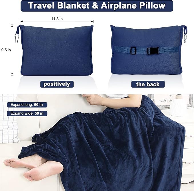 2-in-1 Convertible Travel Blanket & Pillow-Ultra Soft, Compact & Packable with Hand Luggage Sleeve and Backpack Clip for Flight & Car,Navy Blue - Image 2