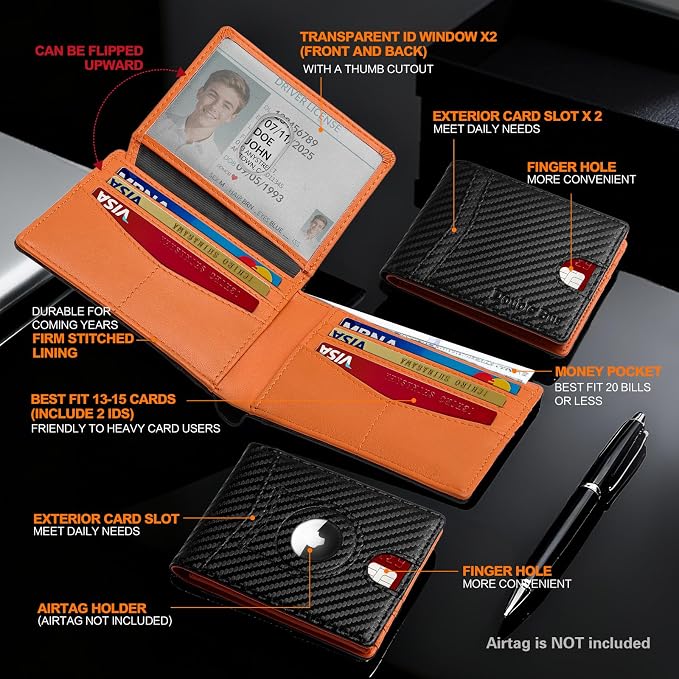 Wallet for Men Slim RFID Blocking Bifold Carbon Fiber,Minimalist Small Compact Front Pocket Credit Card Holder,Thin Mens Leather Wallets Smart Security With 2 ID windows 1 Cash (Black & Orange) - Image 6