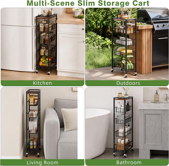 5-Tier Slim Rolling Cart Kitchen Utility Cart, Narrow Kitchen Cabinet with 4 Pull-Out Baskets - Versatile Rolling Storage Cart for Spices, Pantry & Bathroom Organization - Image 8