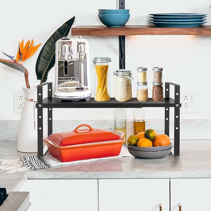 Across-Star Expandable Cabinet Shelf Organizer Rack, Stackable Kitchen Counter Storage Shelves Stand, Adjustable Height Pantry Shelf Spice Rack (Black, 1 Pack) - Image 2