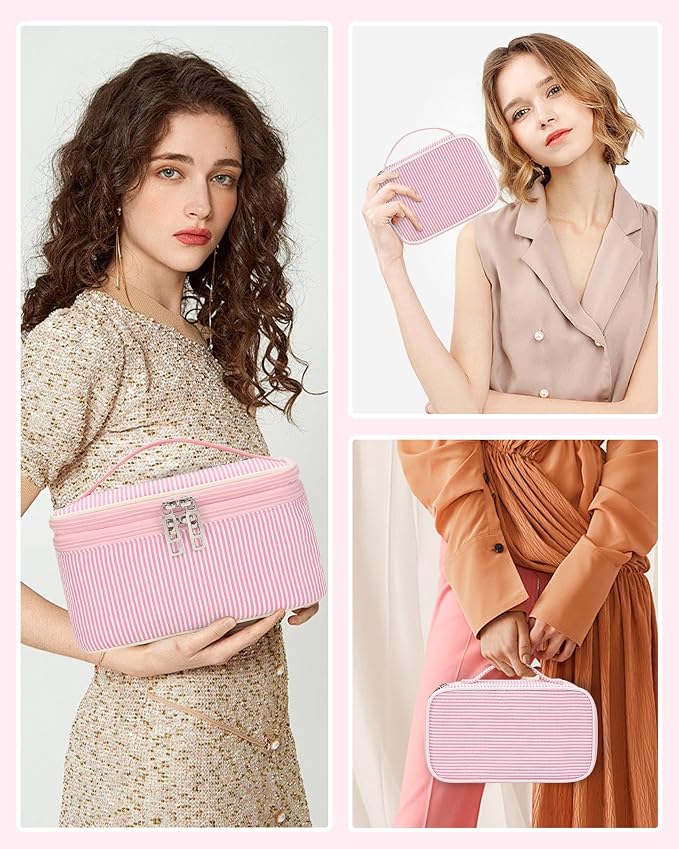 Relavel Small Pink Cosmetic Bag with 2 Makeup Brush Holders, Pink Strip | 2-Layer Travel Makeup Bag, Portable Compact Makeup Pouch for Women, Cute Toiletry Bag with Double Layer Organizer - Image 5