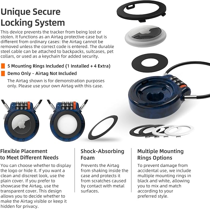 Metal AirTag Holder with Combination Lock & Steel Cable, Finder Lock Case Compatible with Apple AirTag, Anti Theft for Luggage Backpack Stroller Suitcase Car Tracking, Weather Resistant - Image 3