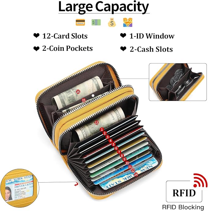 RNIEGA Credit Card Holder Wallet RFID Blocking Leather Small Wallet for Women Double Zipper Wallet with ID Window - Image 3
