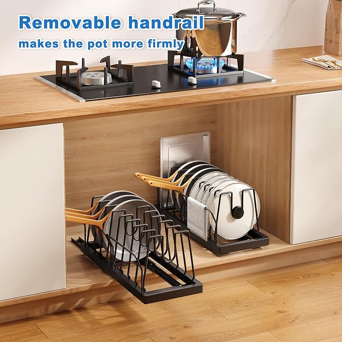 Mustorn Pots and Pans Organizer Under Cabinet, 21.6" Deep Pull Out Pot Lid Organizer Holder with Guardrail Adhesive Pot and Pan Holder Rack with 10 Adjustable Dividers-1 Pack(Black) - Image 3