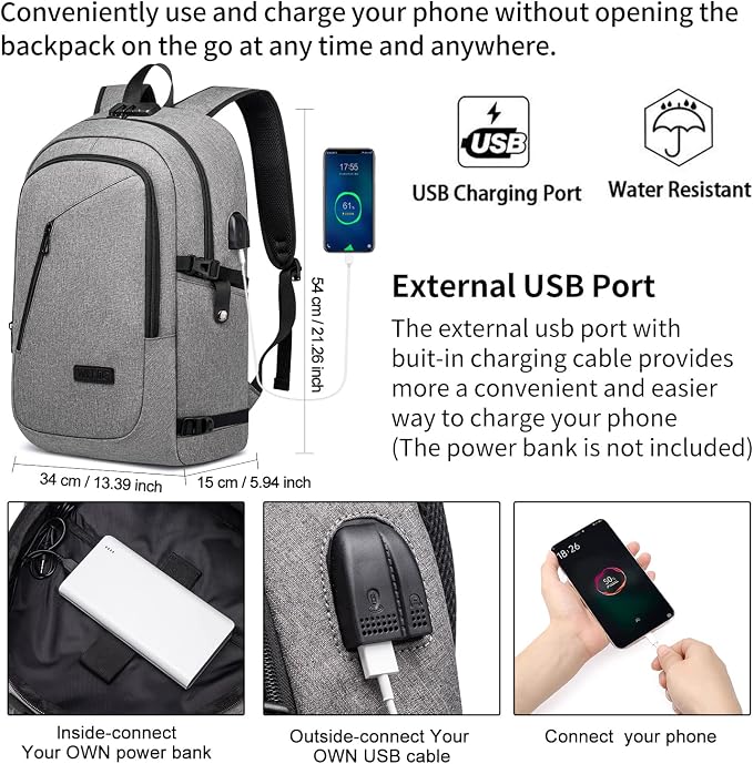 Large Travel Laptop Backpack Water Resistant Anti-Theft 17inch Laptop Bag with USB Charging Port and Lock,Big Business Backpack for Men and Women, Durable Big Capacity Heavy Duty Computer Bag,Grey - Image 2