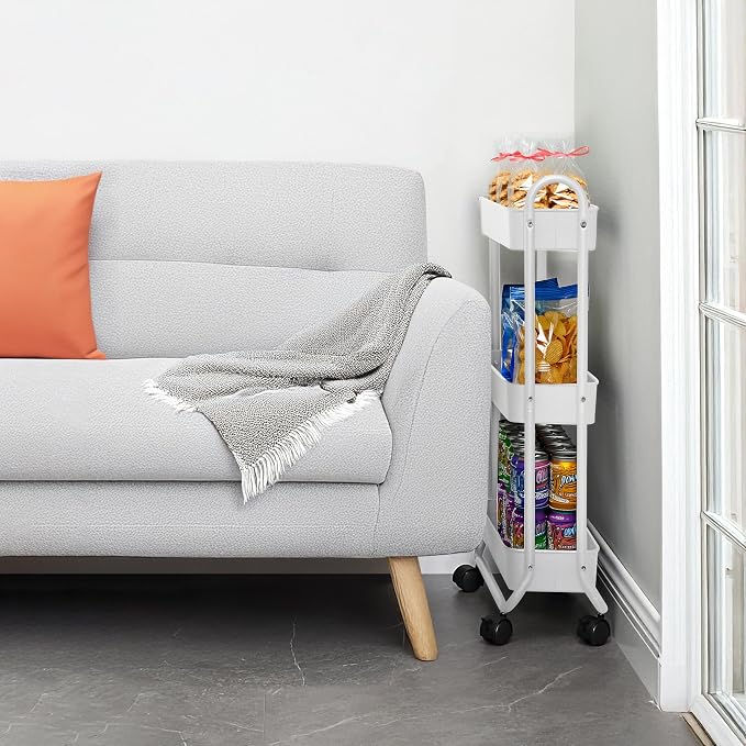 SunnyPoint Slim Rolling Storage Cart, 3 Tier Bathroom Storage Organizer Bathroom, Laundry Utility Cart (White) - Image 3