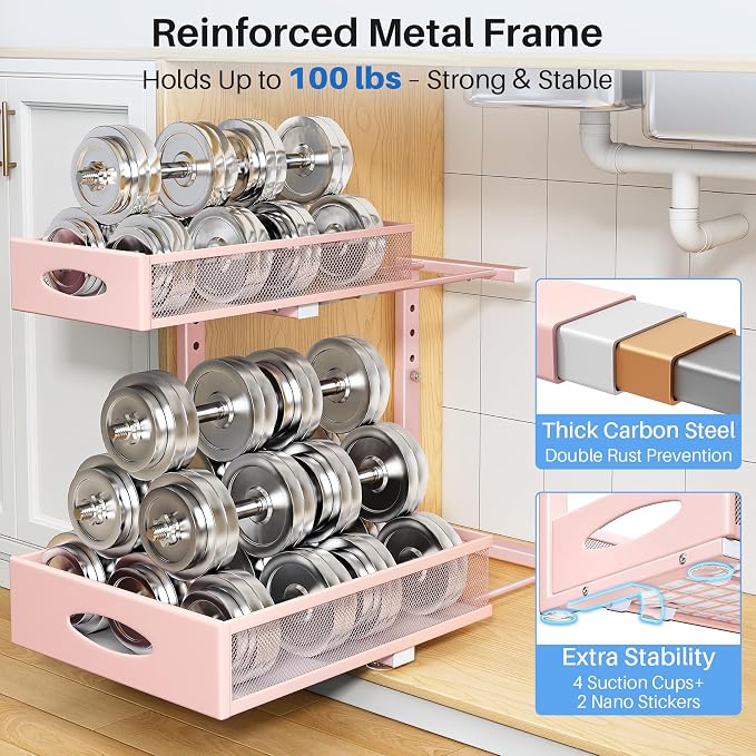 Under Sink Organizer, 2 Pack 2 Tier Pull Out Under Cabinet Organizer Shelf with Pad for Framed Cabinets, Metal Slide Out Under Sink Storage, Mesh Sliding Drawers for Kitchen Bathroom Laundry, Pink - Image 6
