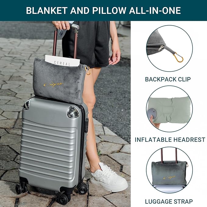 Travel Blanket and Pillow Set for Airplane, 300 GSM Soft Fleece Compact Travel Blanket with Inflatable Pillow and Carry Bag, 60x43 Inches, Grey - Image 2