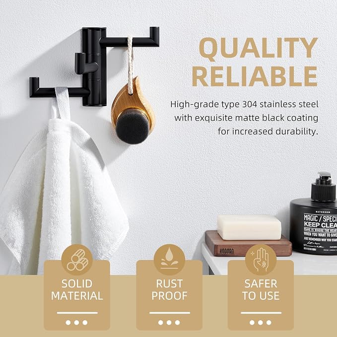 Angle Simple Swivel Towel Hook 3 Arms, Robe Coat Wall Hook, Matte Black | SUS304 Stainless Steel, Foldable Hand Bath Towel Holder for Bathroom Kitchen Closet, Sturdy Space Saver, Screws Mounted - Image 6