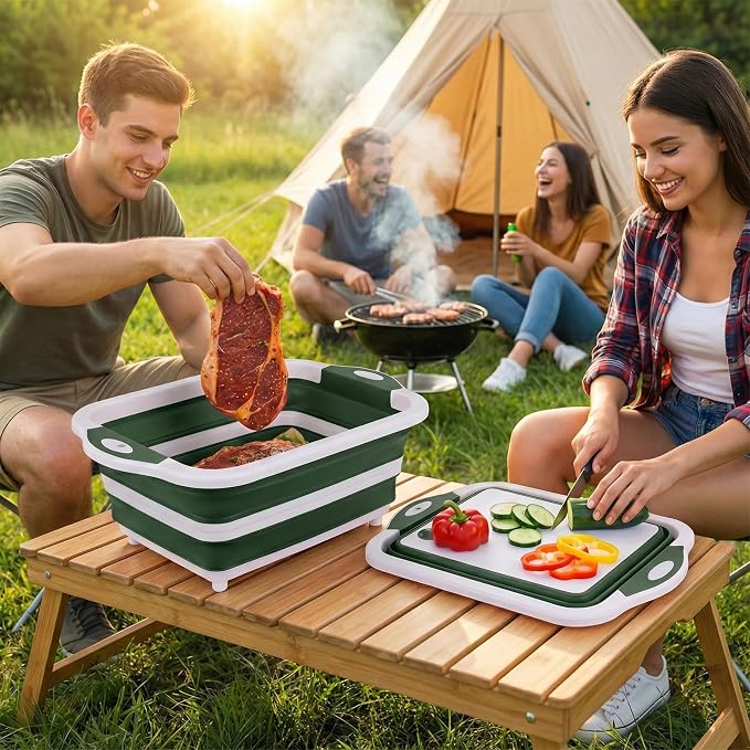 Collapsible BBQ Prep Tub with Lid, Foldable Camping Sink with Colander, Cutting Board, Dish Basin for Kitchen, Bowl, Vegetable and Fruit, Storage Basket for Picnic-Green - Image 2
