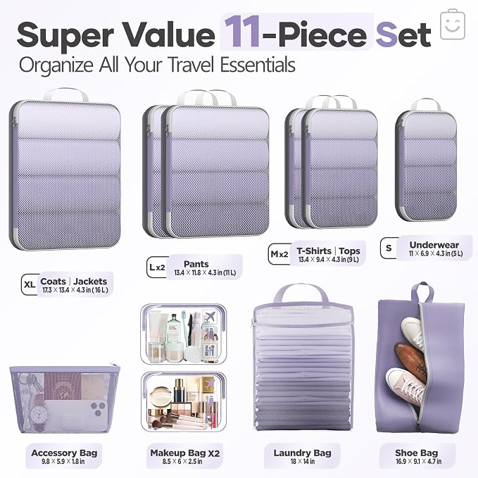 Veken 11 Set Compression Packing Cubes Garment Bags for Travel Essentials,Compressible Expandable Luggage Organizer Bags for Clothing,Space Saver Bags with Over 1000 pcs of Mesh Holes(Purple Gray) - Image 2