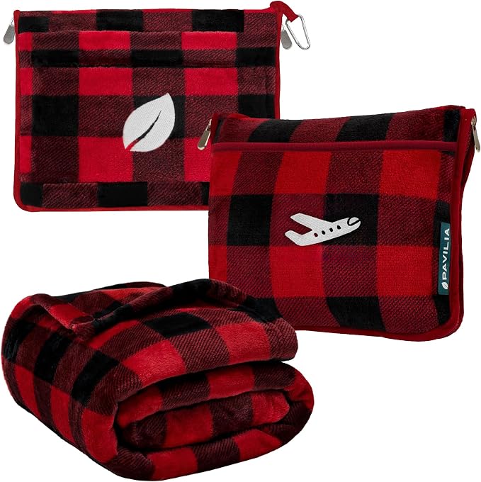 PAVILIA Travel Blanket and Pillow, Soft Ribbed Fleece Airplane, Plaid Red | 65x40, Compact Packable Plane Throw with Bag, Luggage Strap and Back Pocket, Cozy Flight Essentials Travelers Camping Gift by PAVILIA
