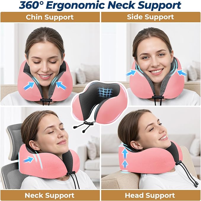 ExploreBliss Travel Pillow, Memory Foam Neck Pillow Airplane, Pink | Travel Pillows for Airplanes, Neck Pillow Airplane, Memory Foam Neck Pillow Set with Eye Mask, Earplugs - Image 4