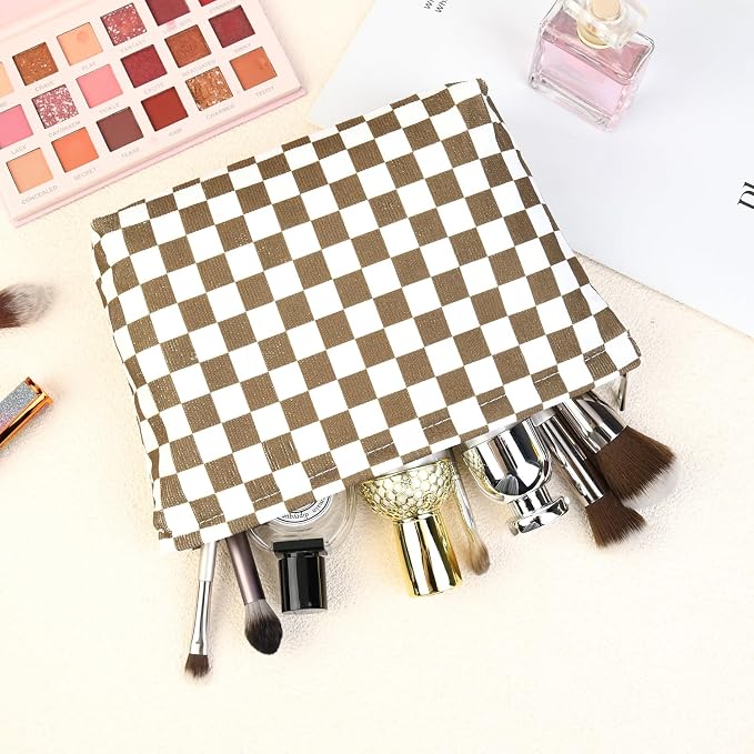 SOIDRAM 2 Pcs Checkered Makeup Bag Large Cosmetic Bag Toiletry Bag Makeup Pouch Travel Bag Organizer Cute Makeup Brushes Aesthetic Accessories Storage Bag for Women Coffee Brown - Image 7