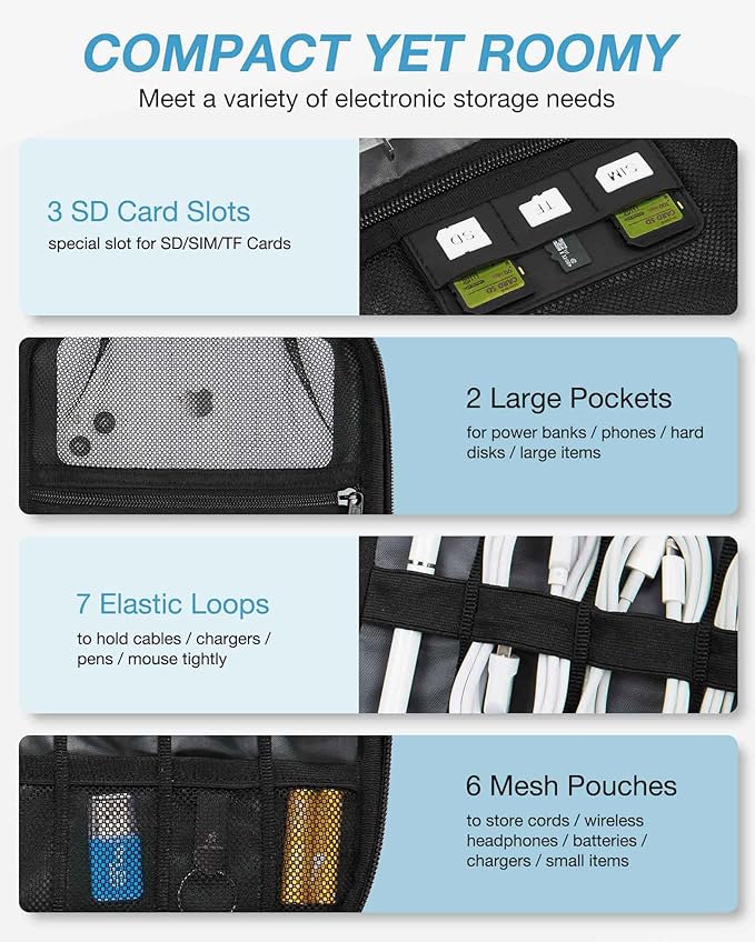 BAGSMART Large Electronics Organizer Travel Case for Tech Accessories, Blue | Travel Cable Organizer, For Travel Essentials, Cord Organizer, For Phone Power Bank SD Card - Image 3
