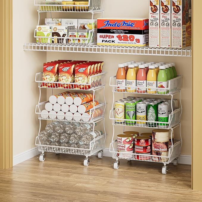 OKZEST Pantry Organizers and Storage Cart with Upgraded Metal Hub Casters | Fits under pantry shelf, Stackable fine-mesh wire baskets, 3-Tier rolling cart holds drink, snack, can, potato, onion, fruit - Image 9