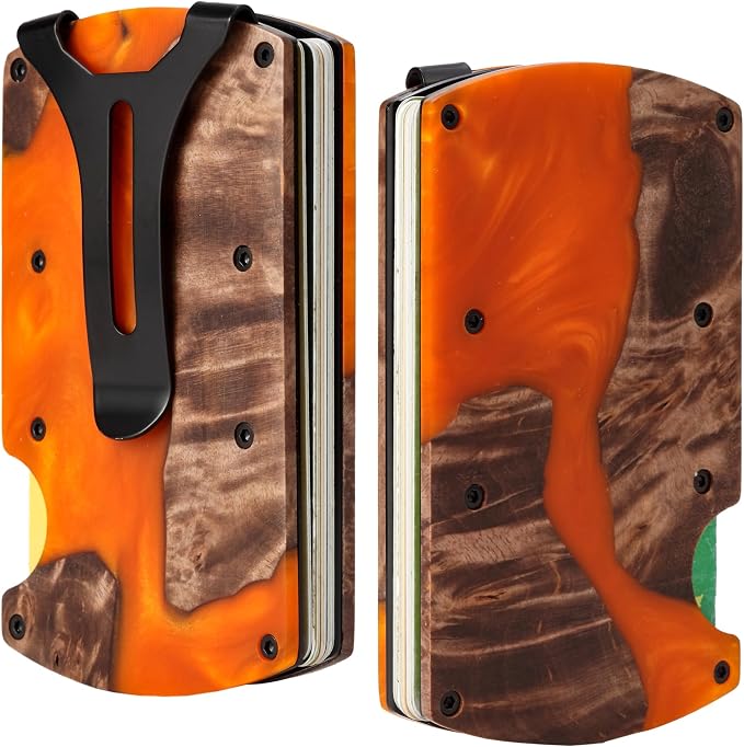 Minimalist Wallet for Men, Slim Metal RFID Blocking Wallet Credit Card Holder Money Clip & Cash Strap, Scratch-Resistant Holds 15 Cards,Ideal Gift for Men | Resin Wood, Unique Pattern,Orange by Unknown