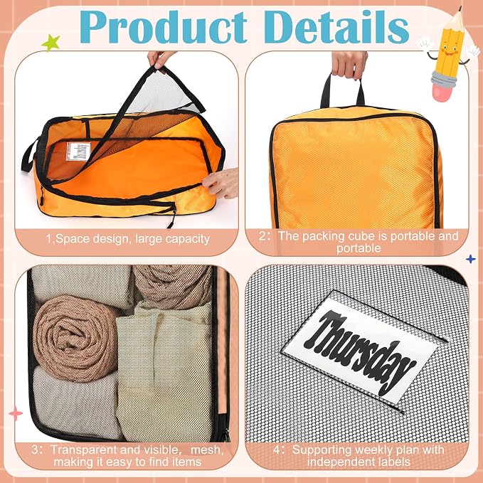 7 Pcs Packing Cubes for Travel Days of Week,Multicolor,Large - Image 3