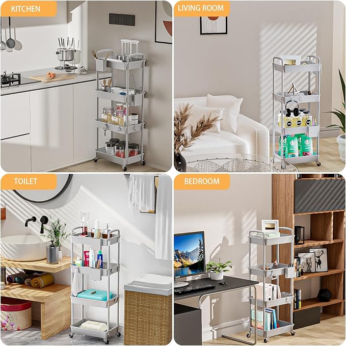 4 Tier Rolling Utility Cart with Handle,REBECAT Utility Cart Made of Multifunctional Storage Organizer Tool for Kitchen,Bathroom,Living Room,Office(Gray) - Image 6
