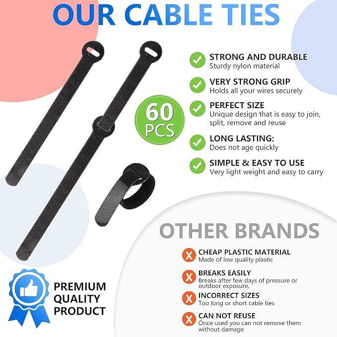 60x Cable Management Ties, Cord Wraps Black 6 Inches, Reusable Tidy Wire Ties for Cords, PC, TV, Computer & Desk - Image 3