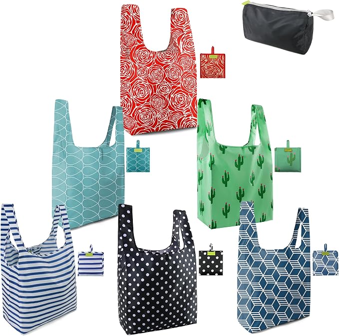 BeeGreen Geometry Reusable Grocery Bags Bulk 6 Packs X-Large, Reusable Shopping Bags Foldable for Groceries, Vegetables, Fruits Watertight Bulk Tote Bags (Cactus Rainbow Polka Dot Red Rose） by BeeGreen