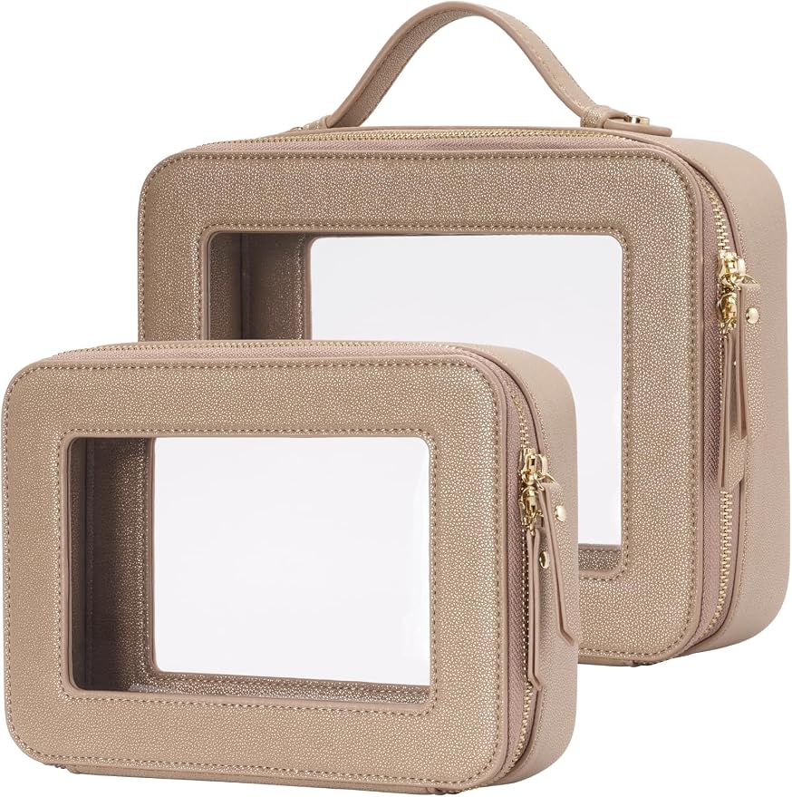 Clear Makeup Bag Travel Cosmetic Case Transparent Toiletry Bag with Zipper, Portable Make Up Organizer Traveling Compact Car Bag for Essentials, Gold, Medium and Large by POPVIBE
