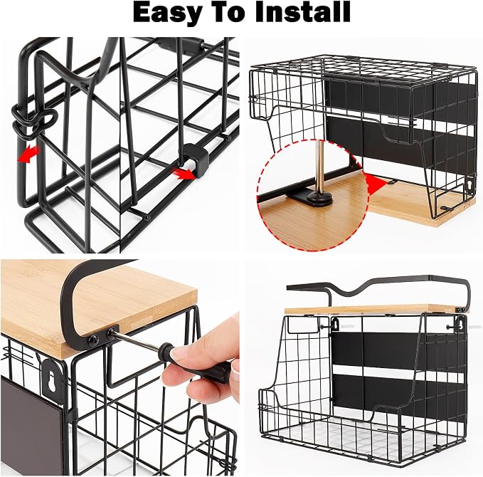 Livabber Magnetic Fridge Organizer Basket with Wood Shelf, Large Fruit Vegetable Storage Bin, Spices Snacks Condiments Rack for Kitchen Pantry, Laundry Room, Office, Magnetic or Wall Mount (Black) - Image 8