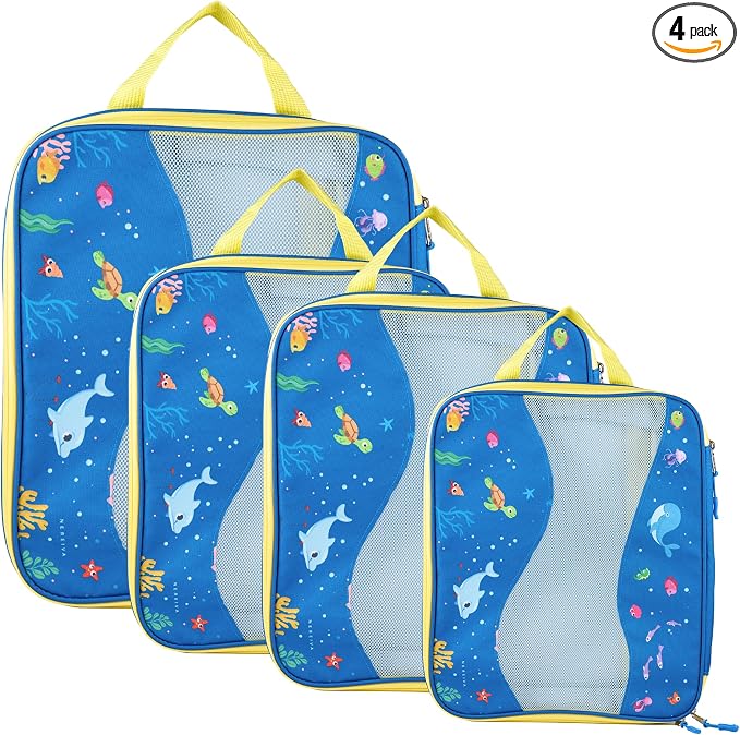 Kids Packing Cubes Compression, Luggage Packing Organization Cubes 4 Pack, Blue, 1 Small, 2 Medium, 1 Large, ocean blue by Nereiva