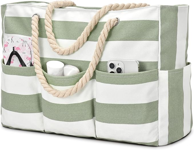 Becokan Beach Bags for Women Canvas Large Beach Tote Bag Zipper Waterproof Sandproof Foldable Swim Pool Bag with 7 Pockets by BecokanBeachBagSpecialist