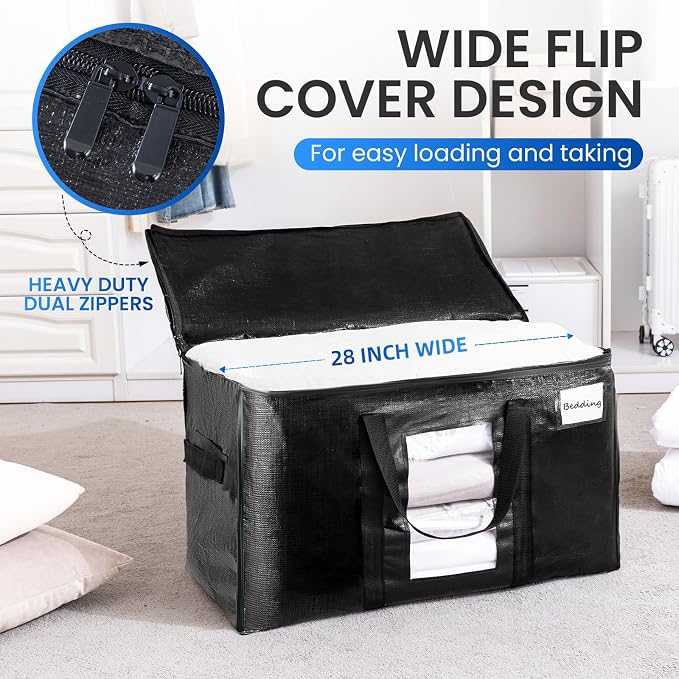 TAILI 4 Pack Black Extra Large Moving Bags,Storage Bag with Visible Window | 93L Heavy Duty Totes For Storage,Wrap Around Handles,Alternative to Moving Boxes, College Dorm,Perfect for Moving - Image 4