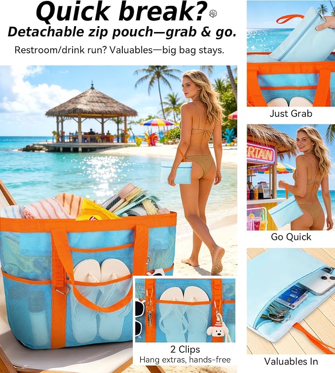 Chic Cruise Essentials Beach Bag for Women, Large Zip Top Tote, 11 Pockets | 40L+ Spacious;Mesh × Canvas;Zipper Pouch;Secure Zip-Top;Sand-Resistant Base - Image 5