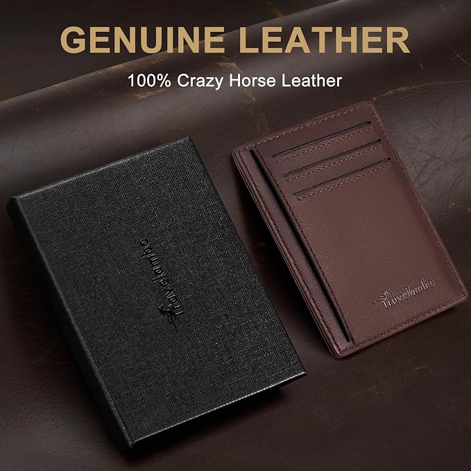 Travelambo 100% Genuine Leather Wallet for Men and Women, Slim Minimalist RFID Blocking Front Pocket Credit Card Holder with Gift Box(Brown 01) - Image 2