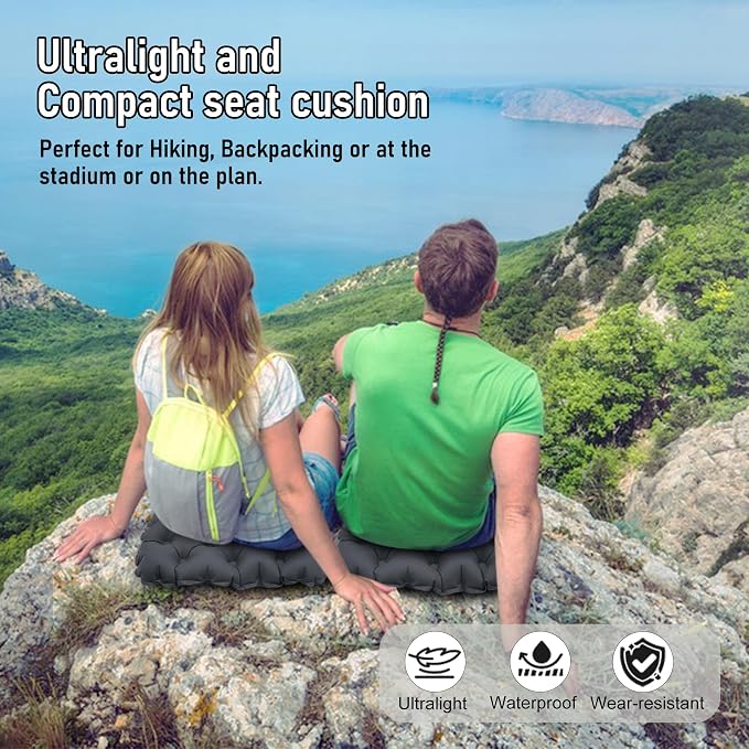 Inflatable Seat Cushion, Lightweight Stadium Seat Pad, Travel Air seat Cushion Anti-Slip for Airplane, Long Flights, Hiking, Climbing, Home and Camping, Compact Air Cushion,Two Pack Black - Image 6