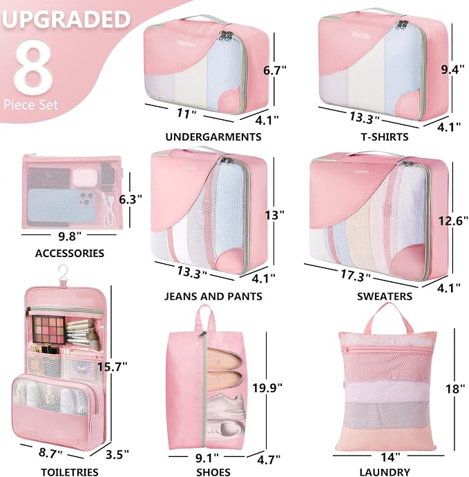 8 Set Packing Cubes for Travel, Gifts for Women Mom,Anti-Tearing Suitcase Organizer for Luggage with Shoe & Hanging Toiletry Bag,OlarHike Vacation Essentials & Accessories for Cruise Ship,Dream Pink - Image 2