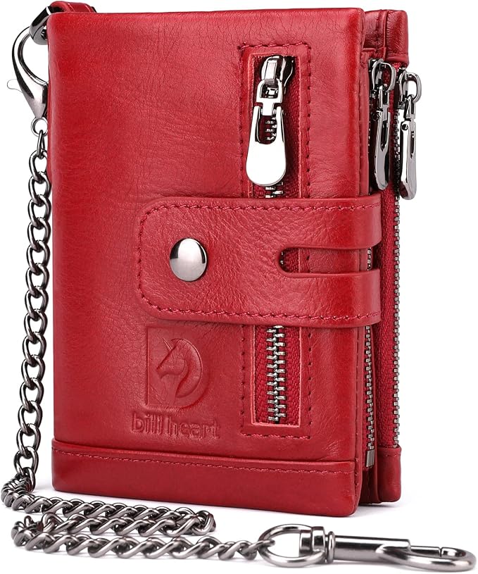 Chain Wallet for Women, Genuine Leather RFID Blocking Bifold Wallet with Anti-Theft Chain B02-Red by bill+heart