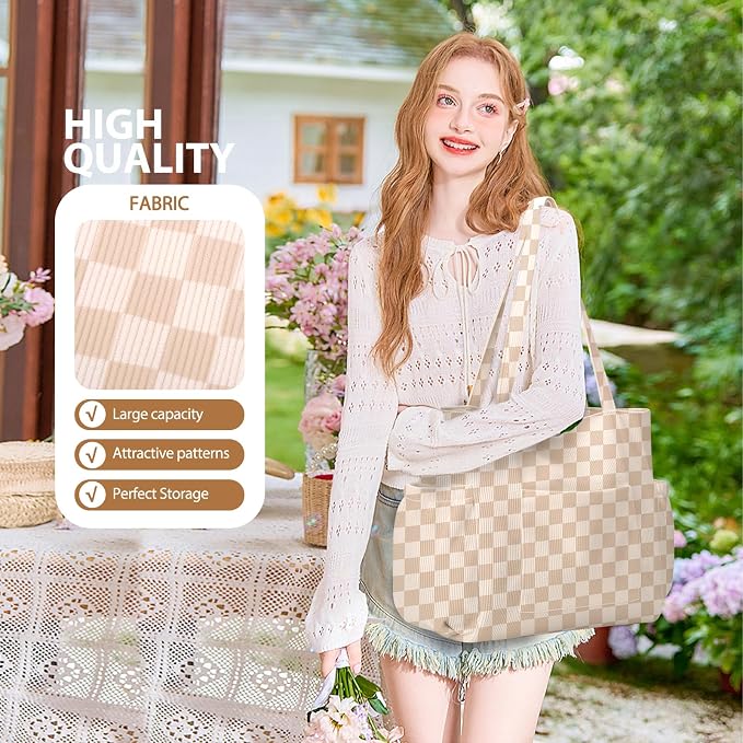 Corduroy Tote Bag for Women,Large Capacity Cute Tote Bags With 6 Pockets,Crossbody Shoulder Handbag for Work Travel Gym - Image 6