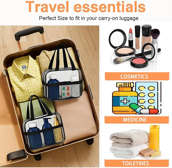XEWEA 2PCS Small TSA Approved Clear Travel Toiletry Bags for Men Women, | Transparent Makeup Cosmetic Bag with Handle, Waterproof PVC Quart Organizer for Toiletries Airline Essential, Balck - Image 7