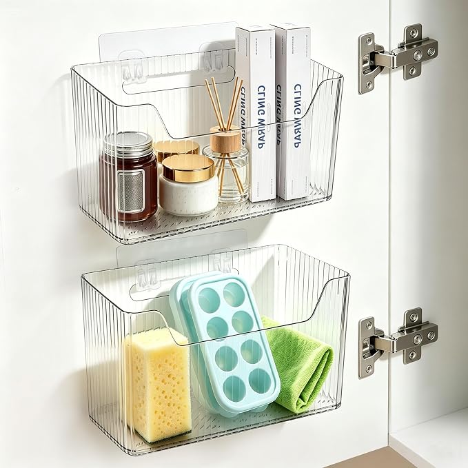 Pensino 2 Pack Adhesive Cabinet Door Organizer Storage Caddy, Clear Lid Organizer Inside Cabinet Wall Mounted Pantry Door Caddy for Food Container Lid Kitchen Under Sink Basket (Clear) - Image 2