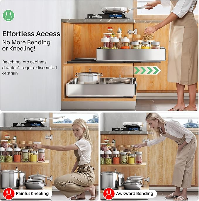 Pull out Cabinet Organizer, Stainless Steel Expandable(12"-20") Heavy Duty Slide out Drawers Fixed with Adhesive Nano Film for Pots, Roll out Shelf Storage for Kitchen Base(Silver-2pcs)(3 Rails) - Image 5
