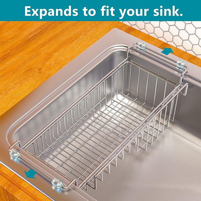 Over the Sink Caddy, Expandable Stainless Steel Sponge Holder for Kitchen Sink, 14.5-22 in Sink Organizer Rack for Sponge, Soap, Brush, Dish Cloth and Rag, Rust-Resistant Drying Holder - Image 8