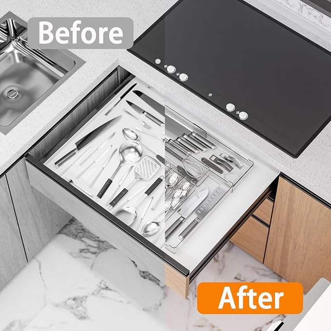 Silverware Drawer Organizer, Expandable Utensil Tray for Kitchen Drawers,BPA Free Flatware and Cutlery Holder,Adjustable Plastic Storage for Utensil like Spoons, Forks, Knives.Clear - Image 4