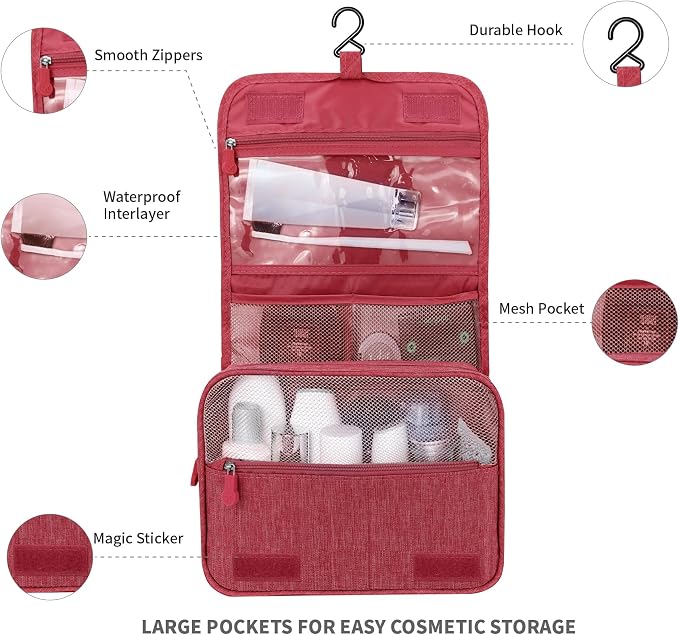 Lcsmaokin Large Capacity Toiletry Bag Travel Bag with Hanging Hook for Men and Women Waterproof Travel Cosmetic Bag Bathroom Storage Bag for Brushes Set, Full-Sized Shampoo, Toiletries, Wine Red - Image 2