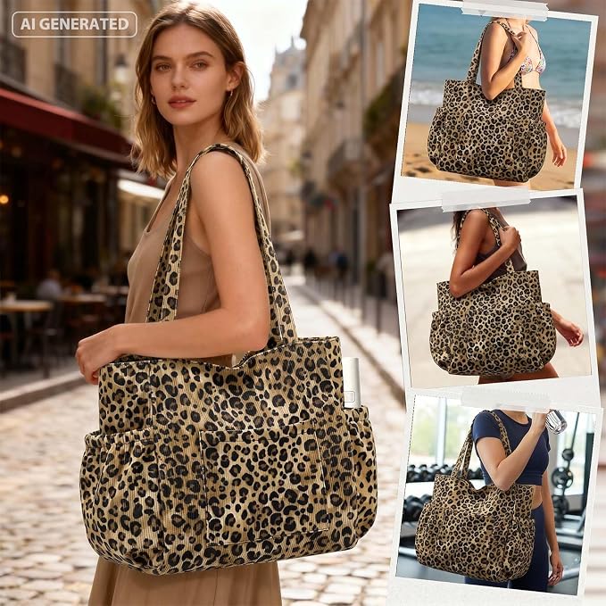Corduroy Tote Bag for Women,Large Capacity Cute Tote Bags With 6 Pockets,Crossbody Shoulder Handbag for Work Travel Gym - Image 2