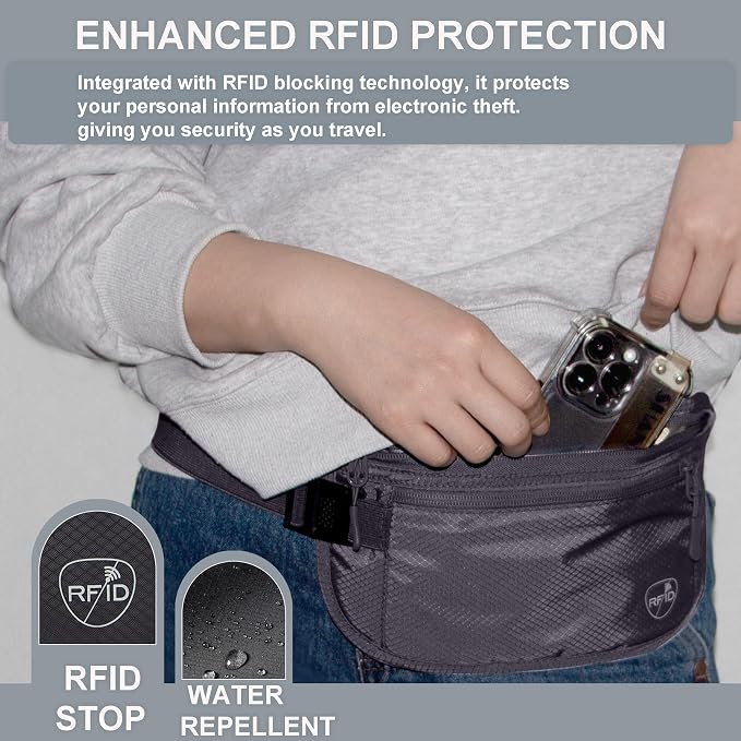 Money Belt, Hidden Travel Wallet for Passport, RFID Blocking Passport Pouch, Undercover Fanny Pack(Grey) - Image 4
