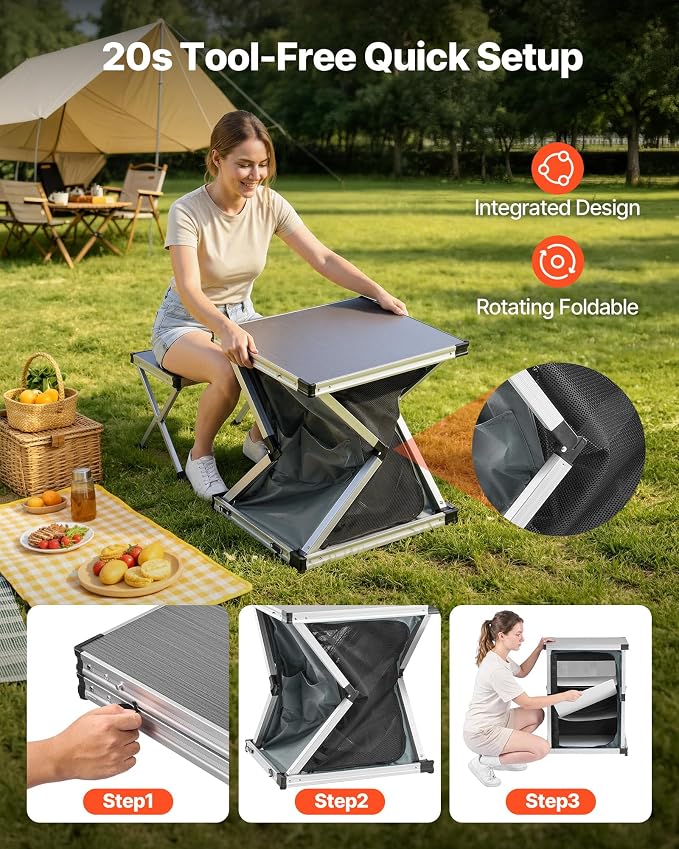 VEVOR Folding Camping Storage Cabinet, Outdoor Portable Aluminum Lightweight Table, Quick Set-up Compact Kitchen Cook Station, with 3 Shelves and Carry Bag, for Picnic, BBQ, Camping, RV Traveling - Image 4