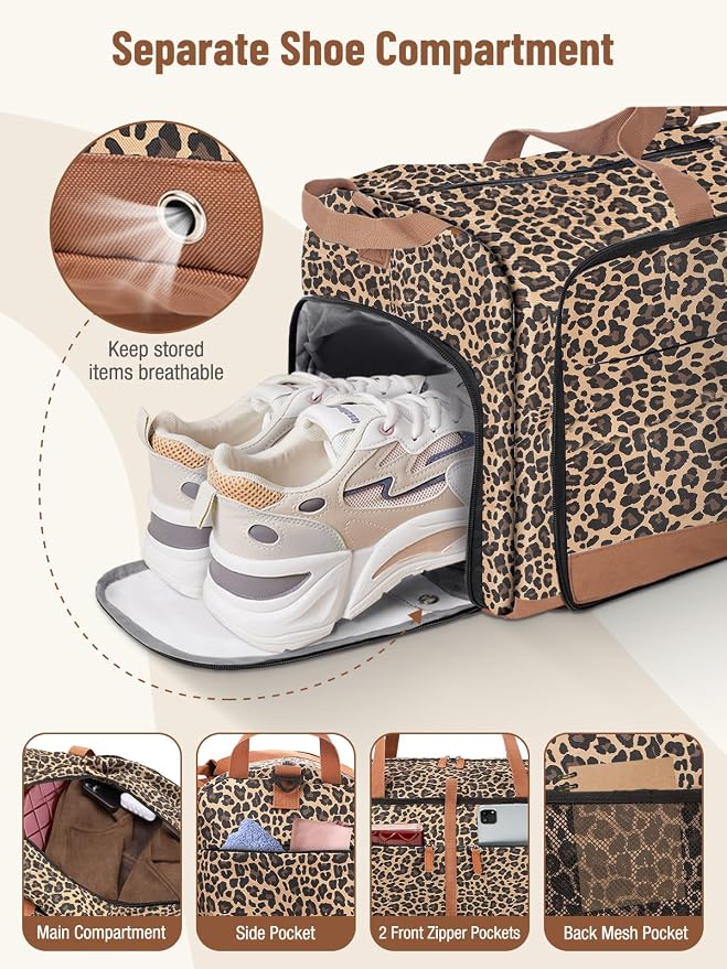 Lekesky Foldable Travel Duffel Bag for Women, 80L Large Duffle Bag with Separate Shoes Compartments & Straps, Carry On Weekend Bag for Women, Hospital, Overnight(Leapord) - Image 4