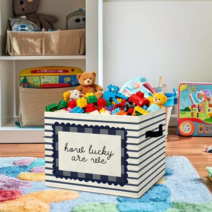 Positive Encouraging Calming Storage Bins Box with Handles Organizer Basket | cheerful uplifting foldable basket for organizing, striped collapsible toys clothes for playroom nursery bedroom, 10x14 in - Image 2