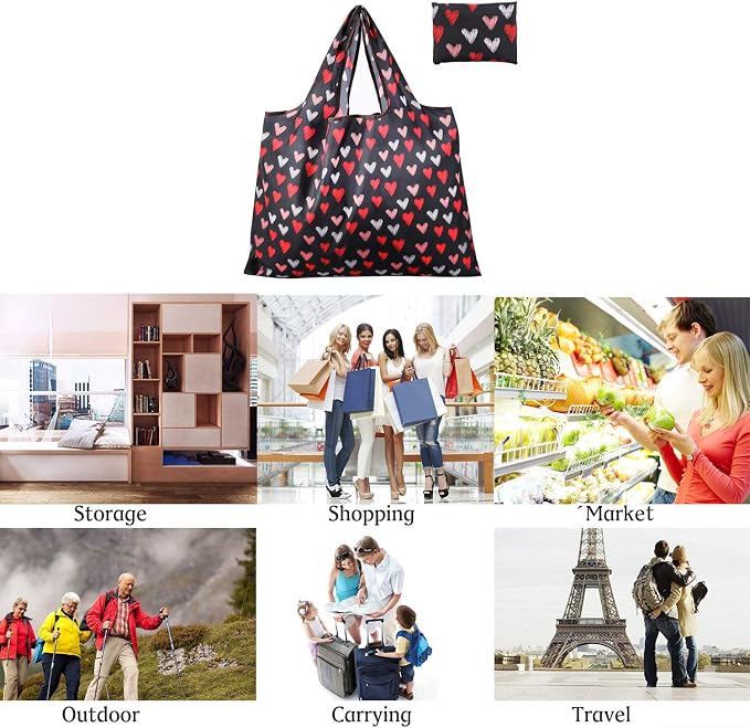Reusable Grocery Bag, 2 Packs Large Washable | Foldable Eco Friendly Nylon Heavy Duty Fits in Pocket Shopping Tote Bag (Heart) - Image 7