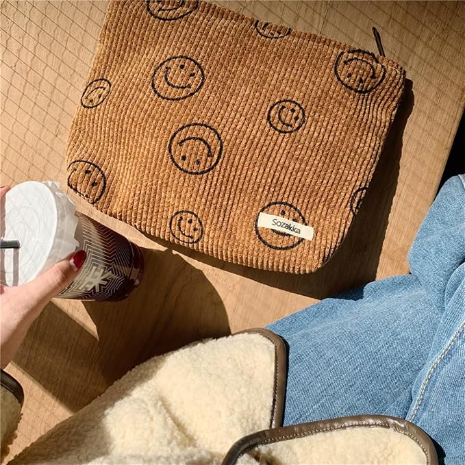 Cosmetic Bags for Women - Corduroy Cosmetic Bag Aesthetic Women Handbags Purses Smile Dots Makeup Organizer Storage Makeup Bag Girls Case Bags (A-Brown) - Image 3