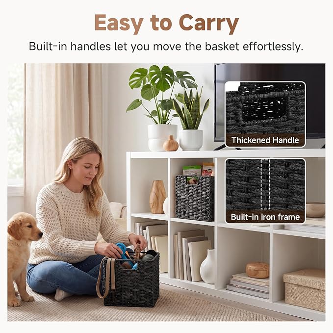 StorageWorks 9 inch Cube Storage Bins, Wicker Storage Cubes, Black Basket | 2-Pack, Handwoven Wicker Basket for Storage, Foldable Paper Rope Baskets for Organizing, Black Storage Bins,Cube Storage Bins - Image 4